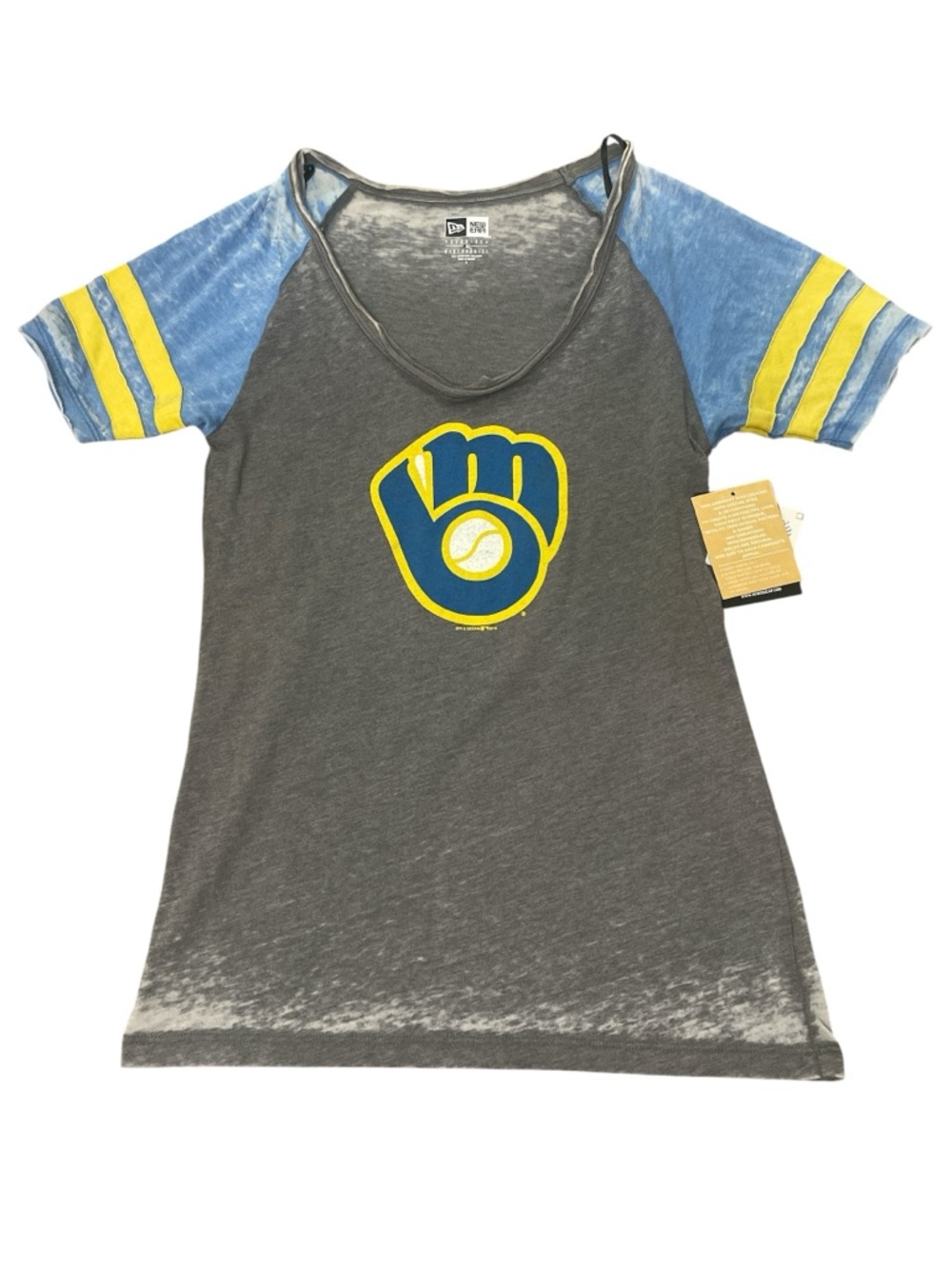New Era Milwaukee Brewers MLB Gray Raglan Burnout Tee Glove Logo Striped Sleeve